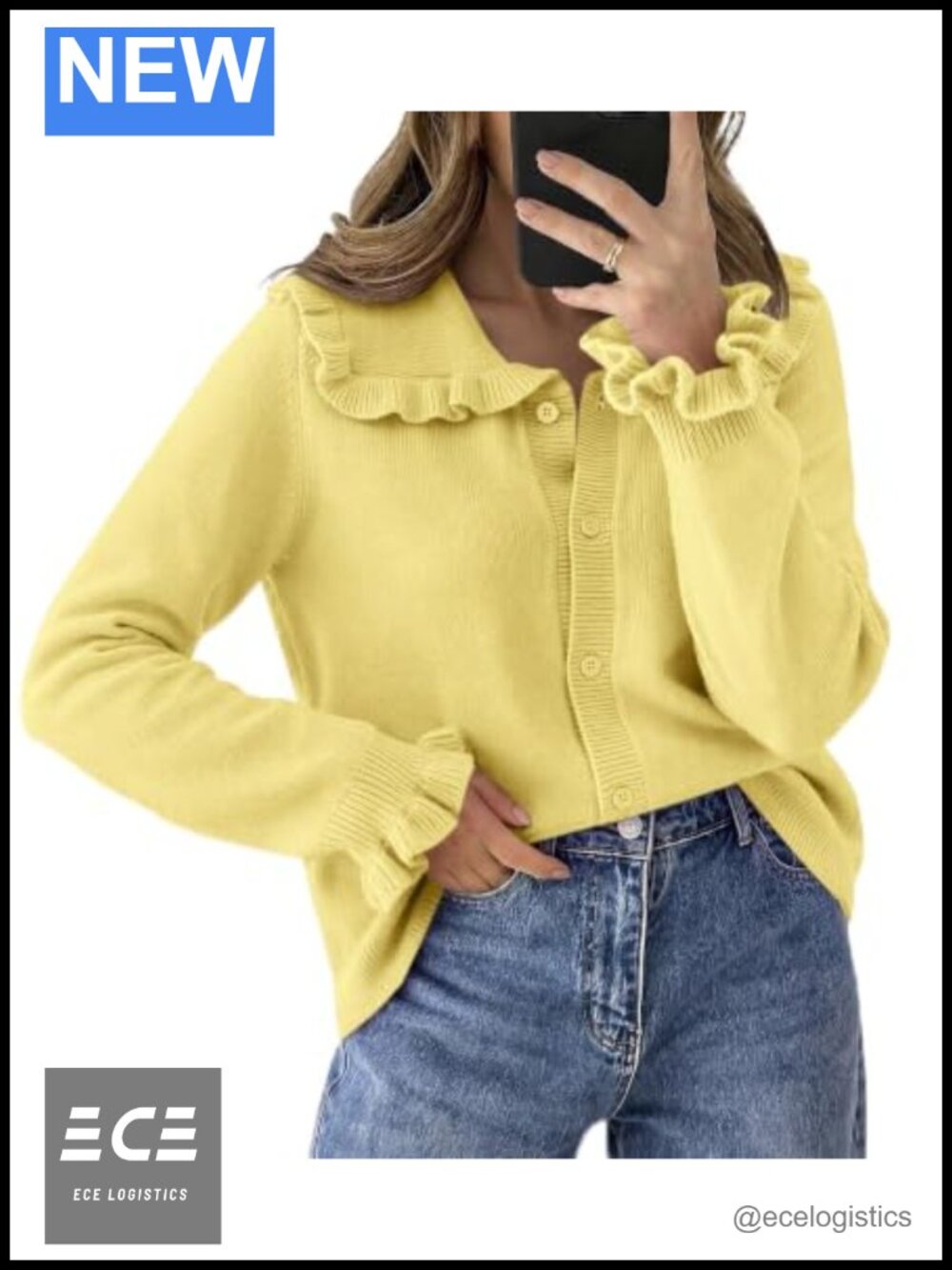 Womens Ruffle Cardigan Button Up Long Sleeve Knit Sweater